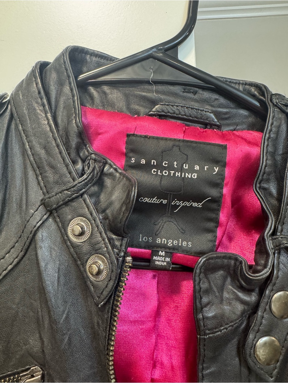 Sanctuary Black Leather Moto Jacket with Pink Lining - Picture 2 of 2